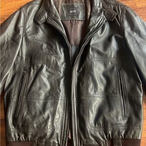 Boss Men's Dark Brown Leather Bomber Jacket